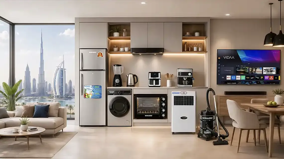 Modern UAE living room with Sonashi home appliances including refrigerator, washing machine, air fryer, vacuum cleaner, and smart TV